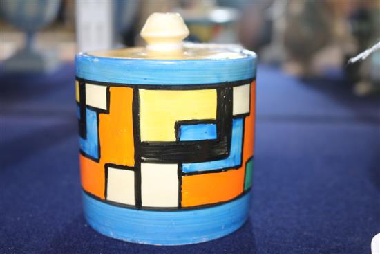 A Clarice Cliff Mondrian preserve pot and cover height 9cm